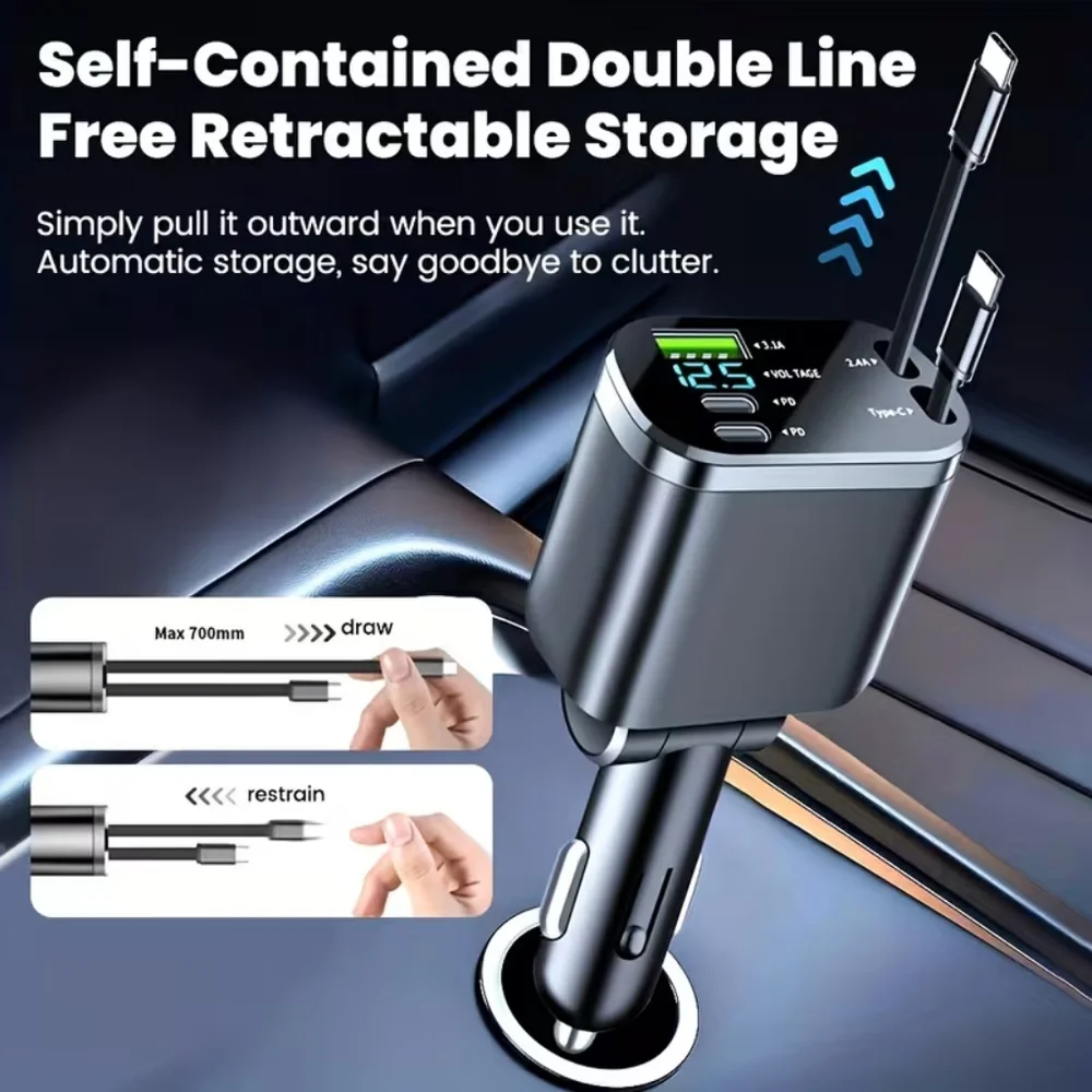 5-in-1 Fast Car Charger with 2 Retractable USB-C Cables, Dual USB-C PD Ports